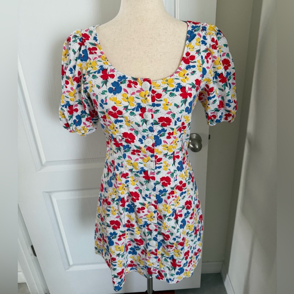 Rixo by Target Floral Mini Dress Size 6 Linen Colorful Puff Sleeve Cottagecore